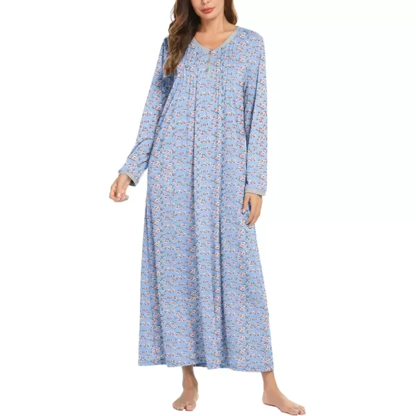 imageEkouaer Womens Long Sleeve Nightgown Full Length Sleepwear Long Sleepshirts Henley Sleep Dress S4XLAablue Florals