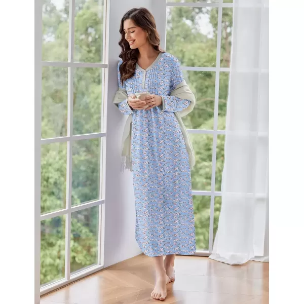 imageEkouaer Womens Long Sleeve Nightgown Full Length Sleepwear Long Sleepshirts Henley Sleep Dress S4XLAablue Florals