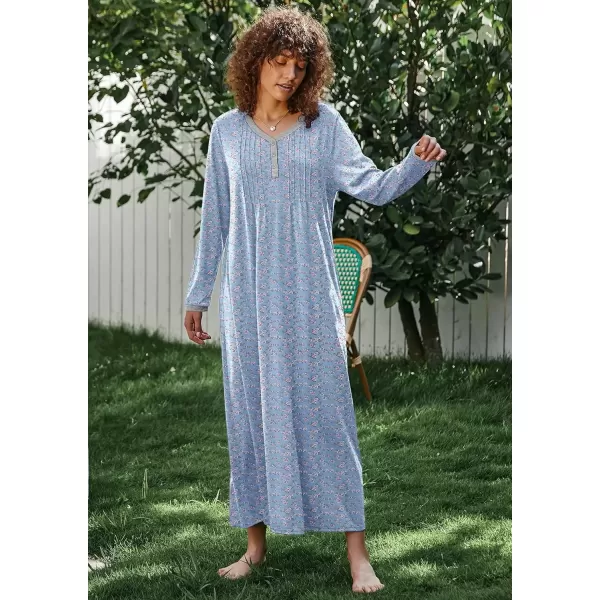 imageEkouaer Womens Long Sleeve Nightgown Full Length Sleepwear Long Sleepshirts Henley Sleep Dress S4XLAablue Florals