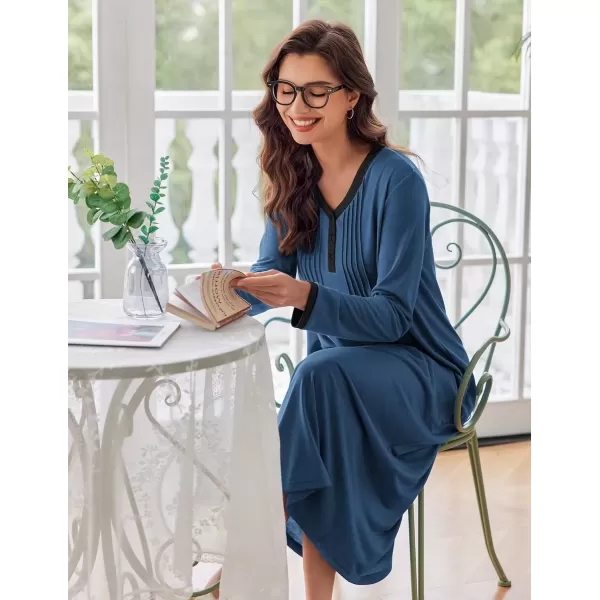 imageEkouaer Womens Long Sleeve Nightgown Full Length Sleepwear Long Sleepshirts Henley Sleep Dress S4XLAanavy