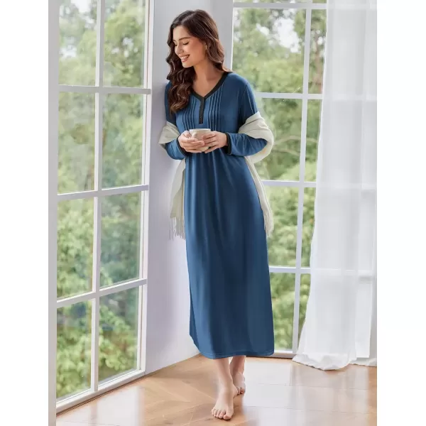 imageEkouaer Womens Long Sleeve Nightgown Full Length Sleepwear Long Sleepshirts Henley Sleep Dress S4XLAanavy