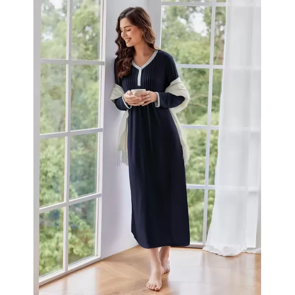 imageEkouaer Womens Long Sleeve Nightgown Full Length Sleepwear Long Sleepshirts Henley Sleep Dress S4XLAanavy Blue