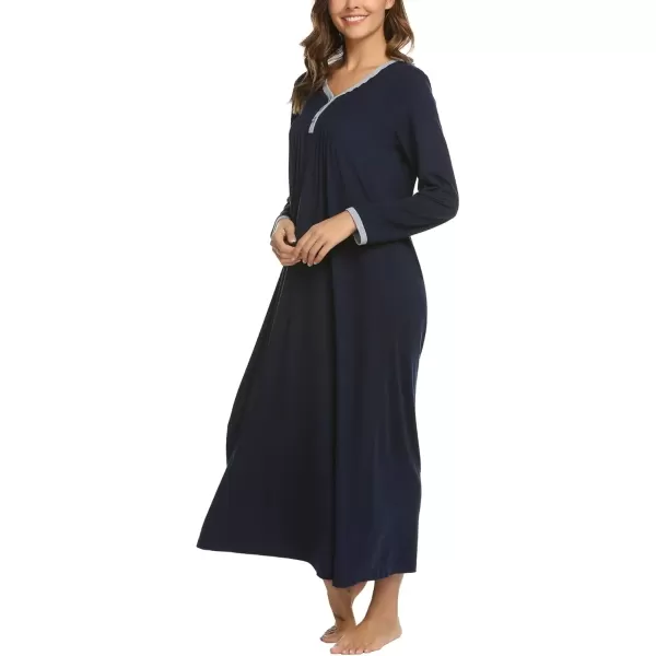 imageEkouaer Womens Long Sleeve Nightgown Full Length Sleepwear Long Sleepshirts Henley Sleep Dress S4XLAanavy Blue