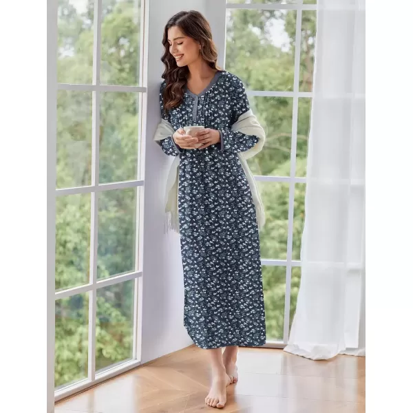 imageEkouaer Womens Long Sleeve Nightgown Full Length Sleepwear Long Sleepshirts Henley Sleep Dress S4XLAanavy Flowers