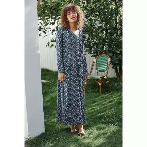 imageEkouaer Womens Long Sleeve Nightgown Full Length Sleepwear Long Sleepshirts Henley Sleep Dress S4XLAanavy Flowers