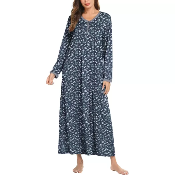 imageEkouaer Womens Long Sleeve Nightgown Full Length Sleepwear Long Sleepshirts Henley Sleep Dress S4XLAanavy Flowers