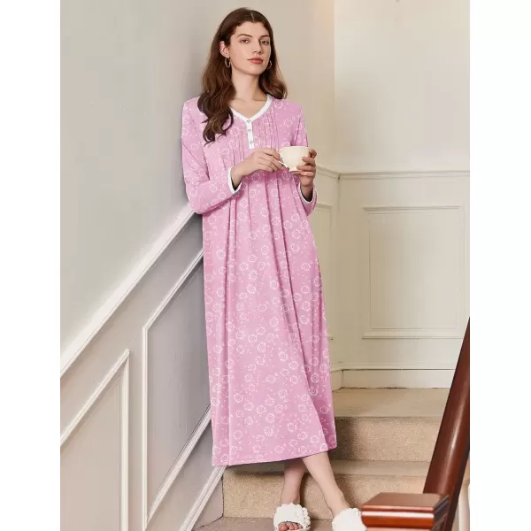imageEkouaer Womens Long Sleeve Nightgown Full Length Sleepwear Long Sleepshirts Henley Sleep Dress S4XLAapink Florals