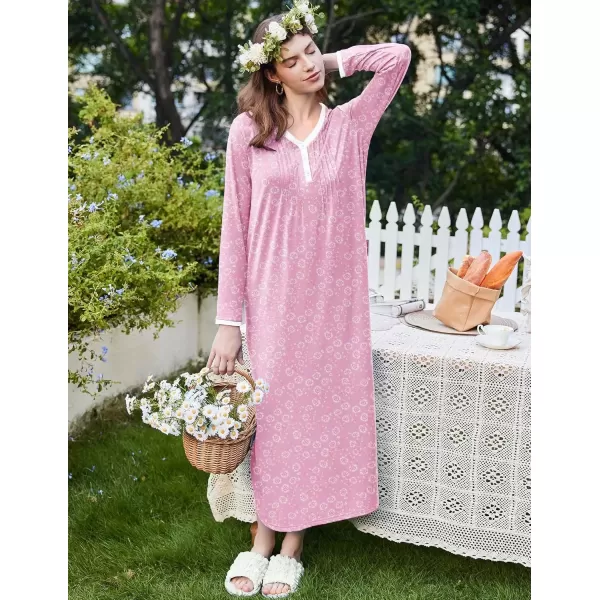imageEkouaer Womens Long Sleeve Nightgown Full Length Sleepwear Long Sleepshirts Henley Sleep Dress S4XLAapink Florals