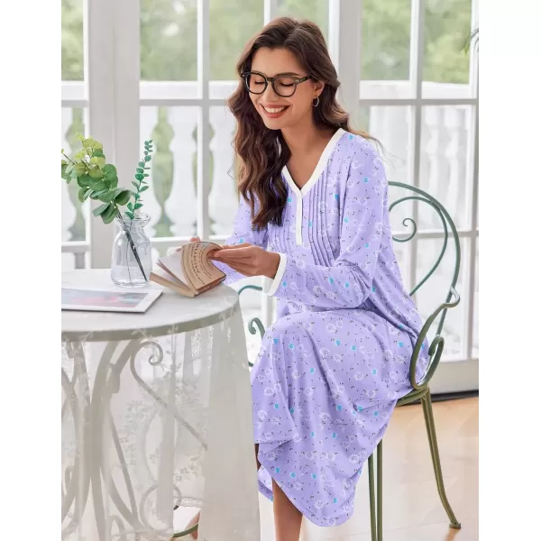 imageEkouaer Womens Long Sleeve Nightgown Full Length Sleepwear Long Sleepshirts Henley Sleep Dress S4XLAapurple Flowers