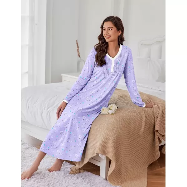 imageEkouaer Womens Long Sleeve Nightgown Full Length Sleepwear Long Sleepshirts Henley Sleep Dress S4XLAapurple Flowers