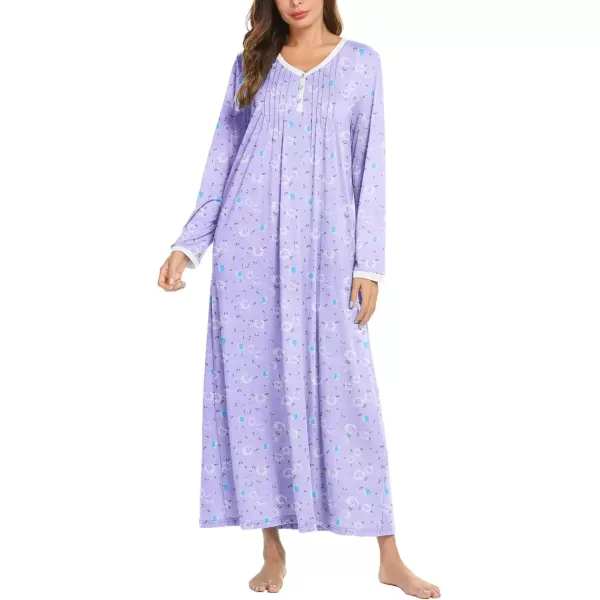 imageEkouaer Womens Long Sleeve Nightgown Full Length Sleepwear Long Sleepshirts Henley Sleep Dress S4XLAapurple Flowers