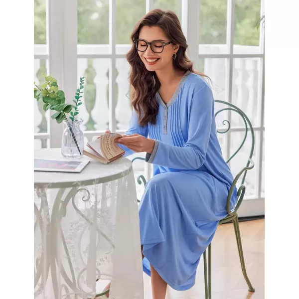 imageEkouaer Womens Long Sleeve Nightgown Full Length Sleepwear Long Sleepshirts Henley Sleep Dress S4XLAasky Blue