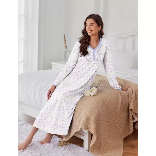 imageEkouaer Womens Long Sleeve Nightgown Full Length Sleepwear Long Sleepshirts Henley Sleep Dress S4XLAawhite Flowers