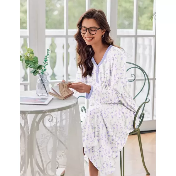 imageEkouaer Womens Long Sleeve Nightgown Full Length Sleepwear Long Sleepshirts Henley Sleep Dress S4XLAawhite Flowers