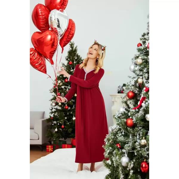 imageEkouaer Womens Long Sleeve Nightgown Full Length Sleepwear Long Sleepshirts Henley Sleep Dress S4XLAawine Red