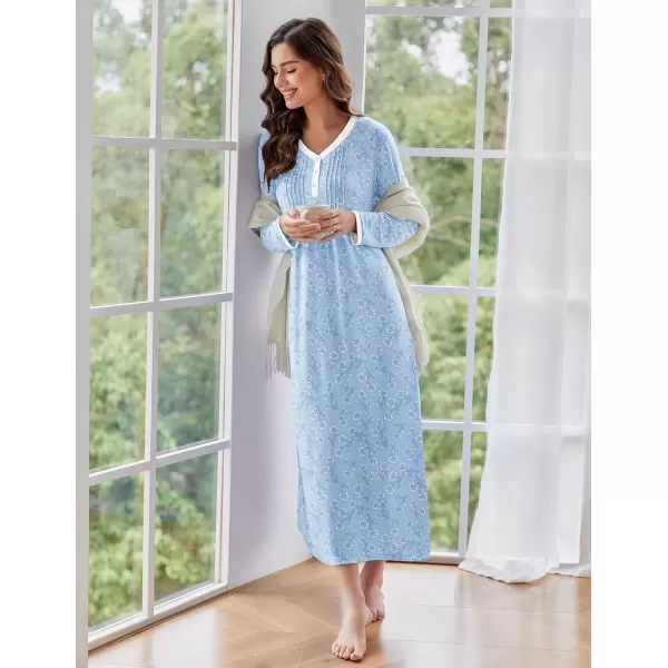 imageEkouaer Womens Long Sleeve Nightgown Full Length Sleepwear Long Sleepshirts Henley Sleep Dress S4XLAblue Big Flower