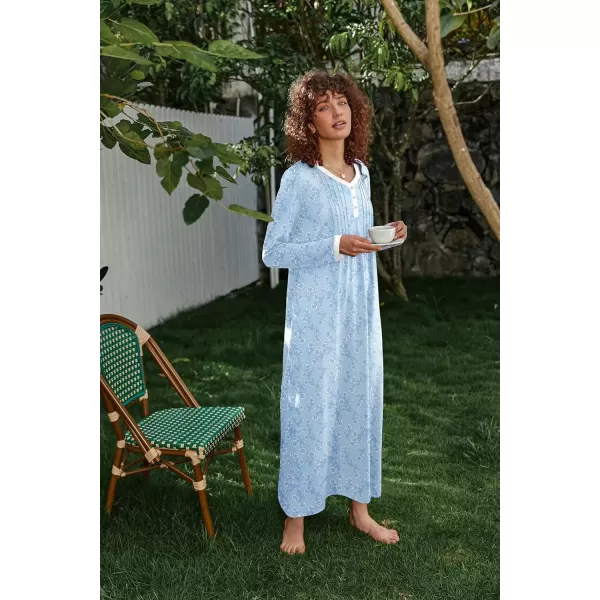 imageEkouaer Womens Long Sleeve Nightgown Full Length Sleepwear Long Sleepshirts Henley Sleep Dress S4XLAblue Big Flower