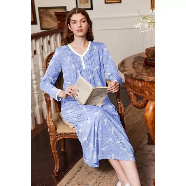 imageEkouaer Womens Long Sleeve Nightgown Full Length Sleepwear Long Sleepshirts Henley Sleep Dress S4XLAblue Pigeon