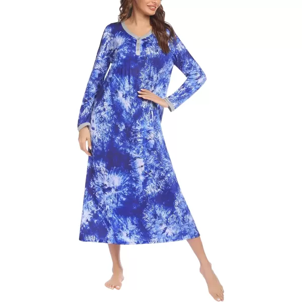 imageEkouaer Womens Long Sleeve Nightgown Full Length Sleepwear Long Sleepshirts Henley Sleep Dress S4XLAblue Tiedye