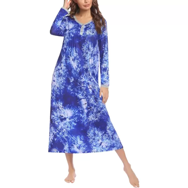 imageEkouaer Womens Long Sleeve Nightgown Full Length Sleepwear Long Sleepshirts Henley Sleep Dress S4XLAblue Tiedye