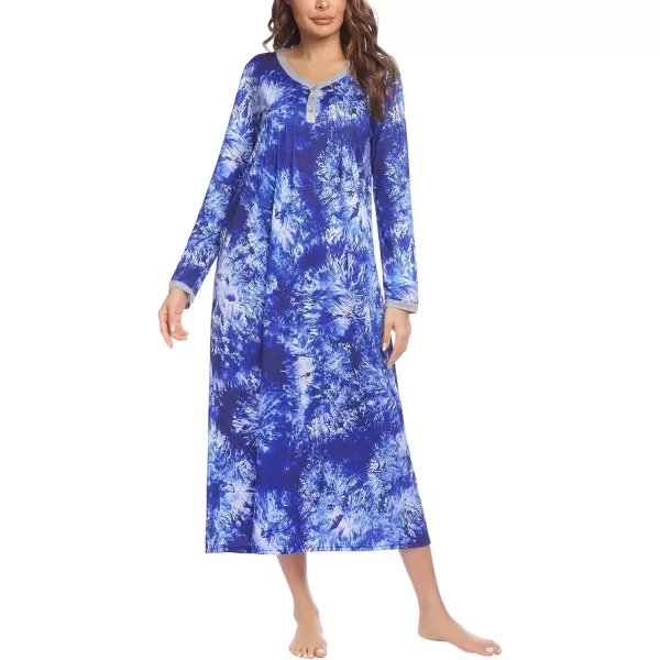 imageEkouaer Womens Long Sleeve Nightgown Full Length Sleepwear Long Sleepshirts Henley Sleep Dress S4XLAblue Tiedye