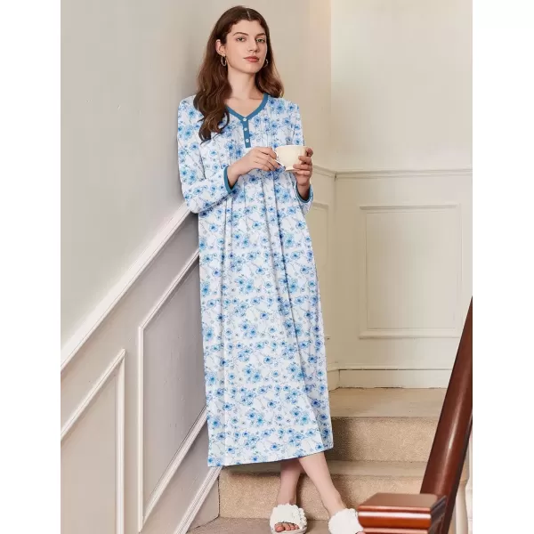 imageEkouaer Womens Long Sleeve Nightgown Full Length Sleepwear Long Sleepshirts Henley Sleep Dress S4XLAblue Watercolor Flowers