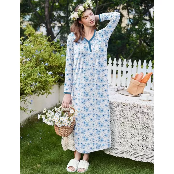 imageEkouaer Womens Long Sleeve Nightgown Full Length Sleepwear Long Sleepshirts Henley Sleep Dress S4XLAblue Watercolor Flowers