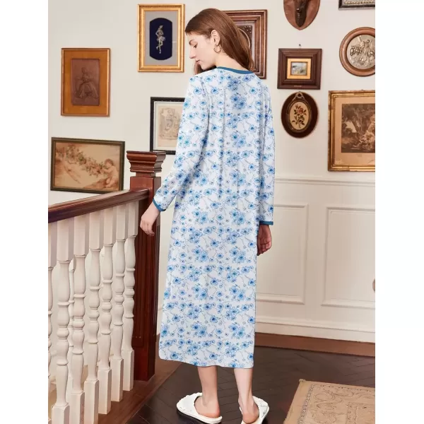 imageEkouaer Womens Long Sleeve Nightgown Full Length Sleepwear Long Sleepshirts Henley Sleep Dress S4XLAblue Watercolor Flowers