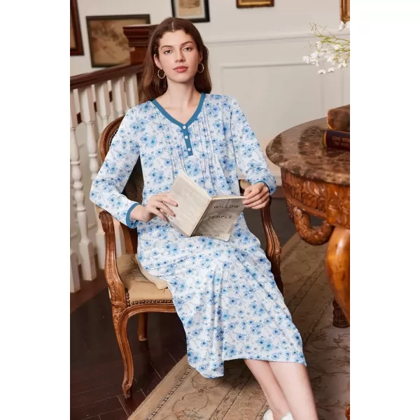 imageEkouaer Womens Long Sleeve Nightgown Full Length Sleepwear Long Sleepshirts Henley Sleep Dress S4XLAblue Watercolor Flowers