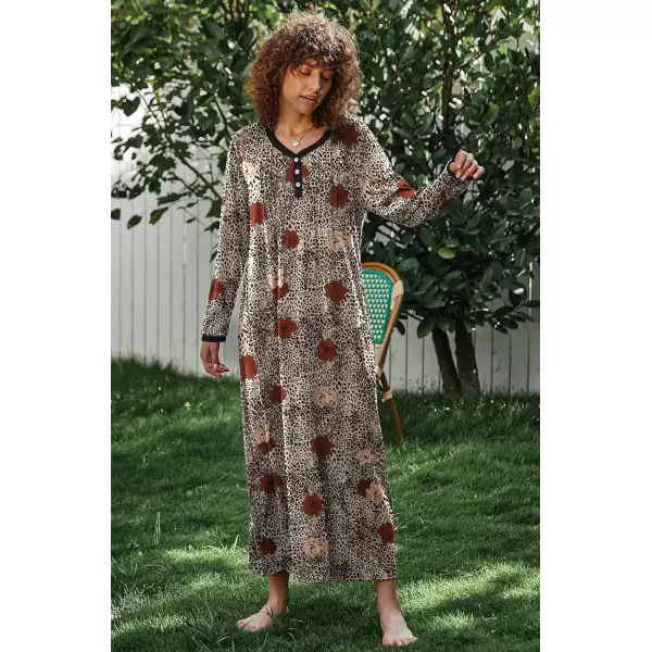 imageEkouaer Womens Long Sleeve Nightgown Full Length Sleepwear Long Sleepshirts Henley Sleep Dress S4XLAbrown Leopard Print