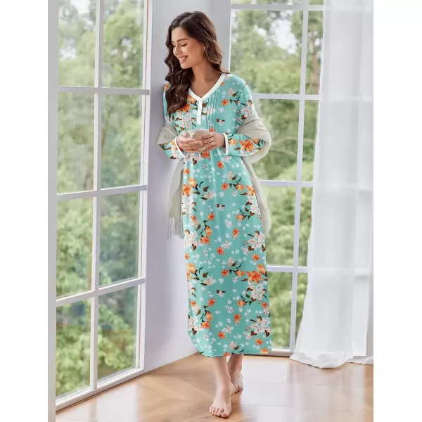 imageEkouaer Womens Long Sleeve Nightgown Full Length Sleepwear Long Sleepshirts Henley Sleep Dress S4XLAgreen Flower