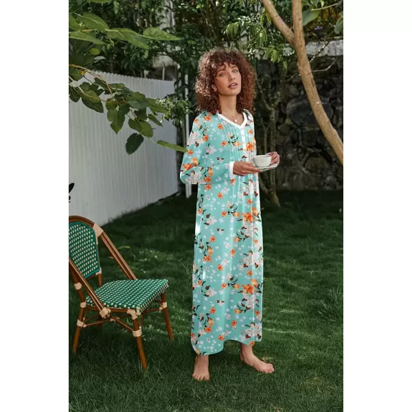 imageEkouaer Womens Long Sleeve Nightgown Full Length Sleepwear Long Sleepshirts Henley Sleep Dress S4XLAgreen Flower