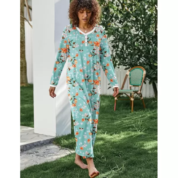 imageEkouaer Womens Long Sleeve Nightgown Full Length Sleepwear Long Sleepshirts Henley Sleep Dress S4XLAgreen Flower