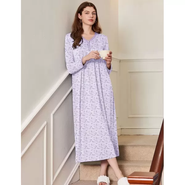 imageEkouaer Womens Long Sleeve Nightgown Full Length Sleepwear Long Sleepshirts Henley Sleep Dress S4XLApurple Leaf