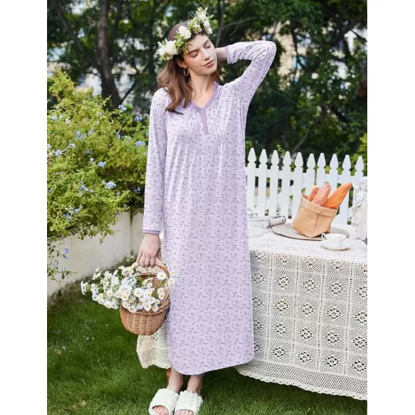 imageEkouaer Womens Long Sleeve Nightgown Full Length Sleepwear Long Sleepshirts Henley Sleep Dress S4XLApurple Leaf