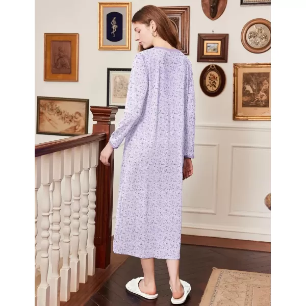 imageEkouaer Womens Long Sleeve Nightgown Full Length Sleepwear Long Sleepshirts Henley Sleep Dress S4XLApurple Leaf