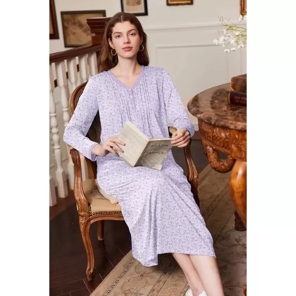 imageEkouaer Womens Long Sleeve Nightgown Full Length Sleepwear Long Sleepshirts Henley Sleep Dress S4XLApurple Leaf