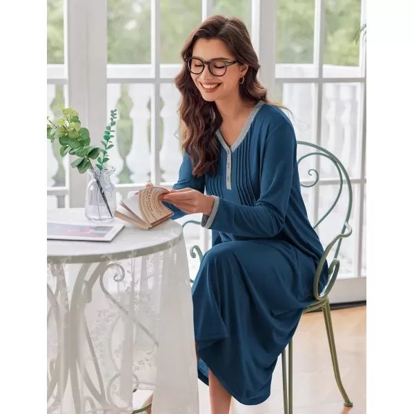 imageEkouaer Womens Long Sleeve Nightgown Full Length Sleepwear Long Sleepshirts Henley Sleep Dress S4XLBadeep Blue