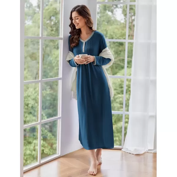 imageEkouaer Womens Long Sleeve Nightgown Full Length Sleepwear Long Sleepshirts Henley Sleep Dress S4XLBadeep Blue