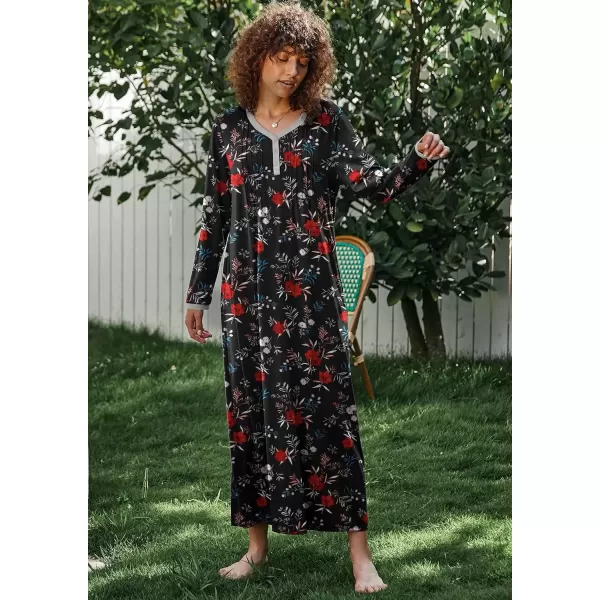 imageEkouaer Womens Long Sleeve Nightgown Full Length Sleepwear Long Sleepshirts Henley Sleep Dress S4XLBbblackfloral Print