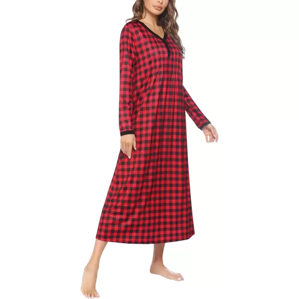 imageEkouaer Womens Long Sleeve Nightgown Full Length Sleepwear Long Sleepshirts Henley Sleep Dress S4XLBbredblack Grid