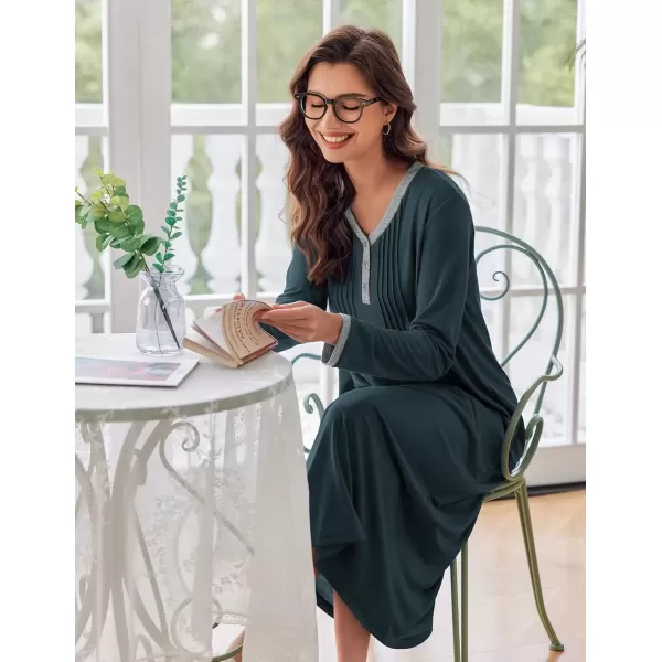 imageEkouaer Womens Long Sleeve Nightgown Full Length Sleepwear Long Sleepshirts Henley Sleep Dress S4XLBdark Green