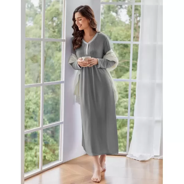 imageEkouaer Womens Long Sleeve Nightgown Full Length Sleepwear Long Sleepshirts Henley Sleep Dress S4XLBdark Grey