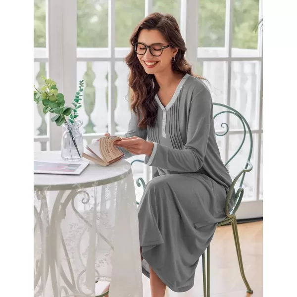 imageEkouaer Womens Long Sleeve Nightgown Full Length Sleepwear Long Sleepshirts Henley Sleep Dress S4XLBdark Grey