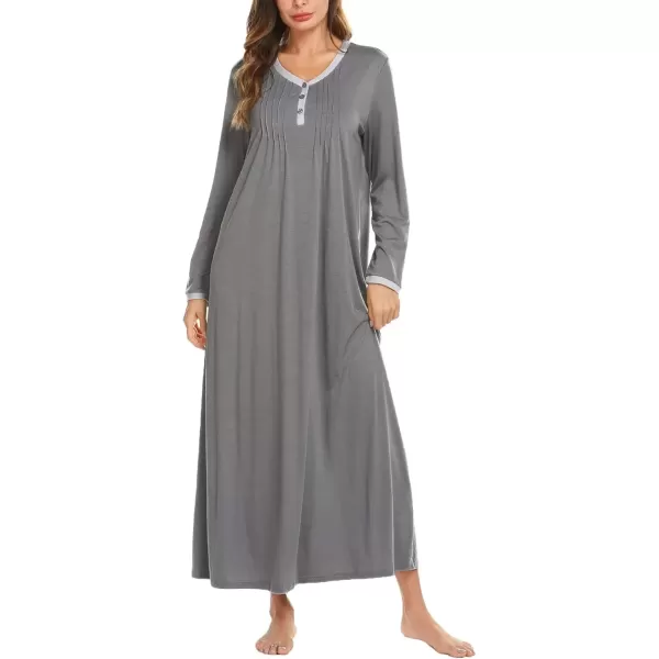 imageEkouaer Womens Long Sleeve Nightgown Full Length Sleepwear Long Sleepshirts Henley Sleep Dress S4XLBdark Grey