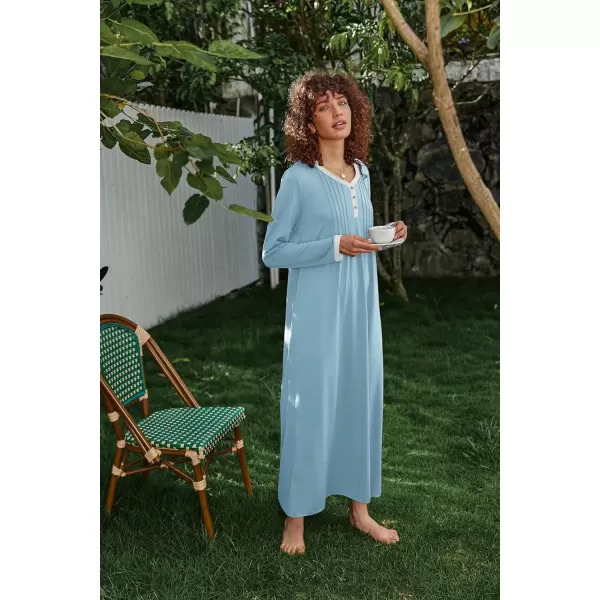 imageEkouaer Womens Long Sleeve Nightgown Full Length Sleepwear Long Sleepshirts Henley Sleep Dress S4XLBlight Blue