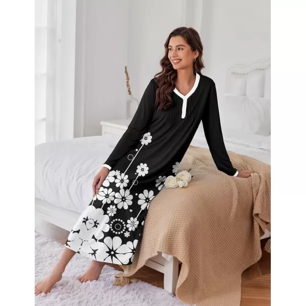 imageEkouaer Womens Long Sleeve Nightgown Full Length Sleepwear Long Sleepshirts Henley Sleep Dress S4XLCablack Flowers