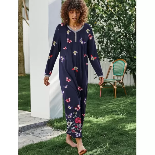 imageEkouaer Womens Long Sleeve Nightgown Full Length Sleepwear Long Sleepshirts Henley Sleep Dress S4XLCblack Butterfly