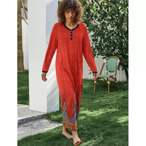 imageEkouaer Womens Long Sleeve Nightgown Full Length Sleepwear Long Sleepshirts Henley Sleep Dress S4XLCred Peacock Feather