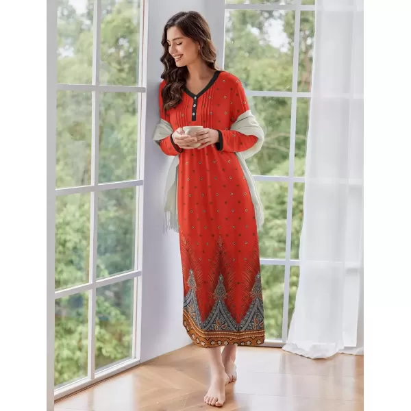 imageEkouaer Womens Long Sleeve Nightgown Full Length Sleepwear Long Sleepshirts Henley Sleep Dress S4XLCred Peacock Feather